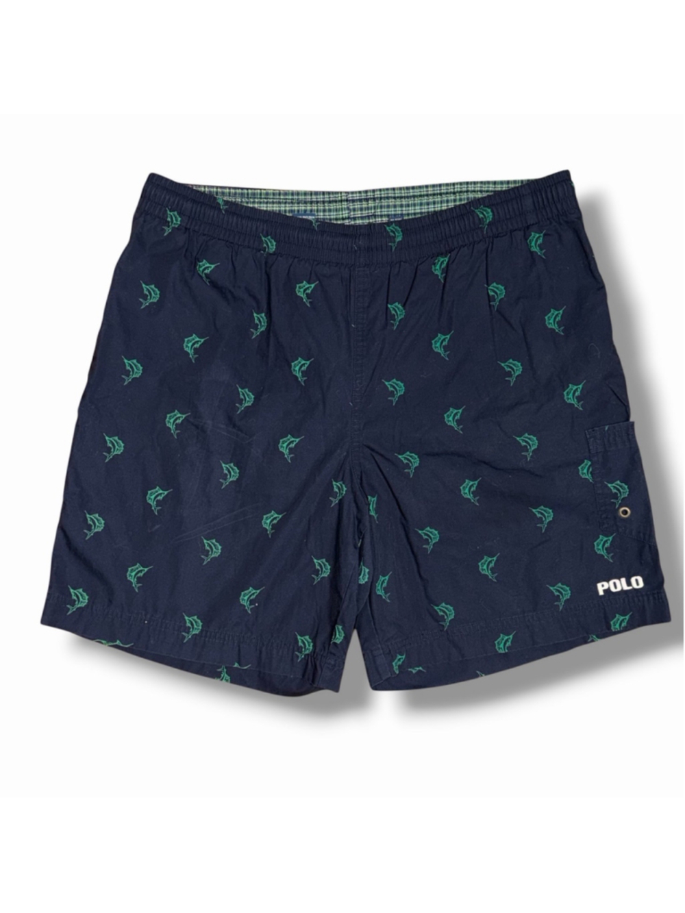 Polo Ralph Lauren Mens LG Navy Green Marlin Print Swim Trunks Lined 7” Y2K